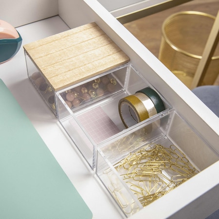 Martha Stewart Brody Clear Plastic Storage Organizer Bins W/Light Natural Paulownia Wood Lid, Small, 3.75x3in, 3PK BE-PB4517-3WD-CL-NT-MS